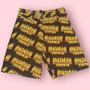 Stranger Things Mens Graphic All Over Print Flame Logo Denim Relaxed Shorts